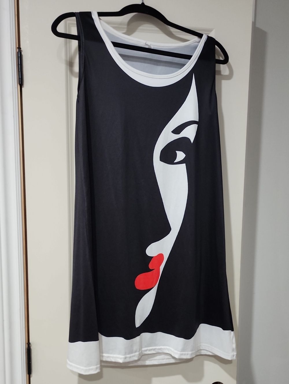 Black Graphic Face Tank Top Dress with Red Accent